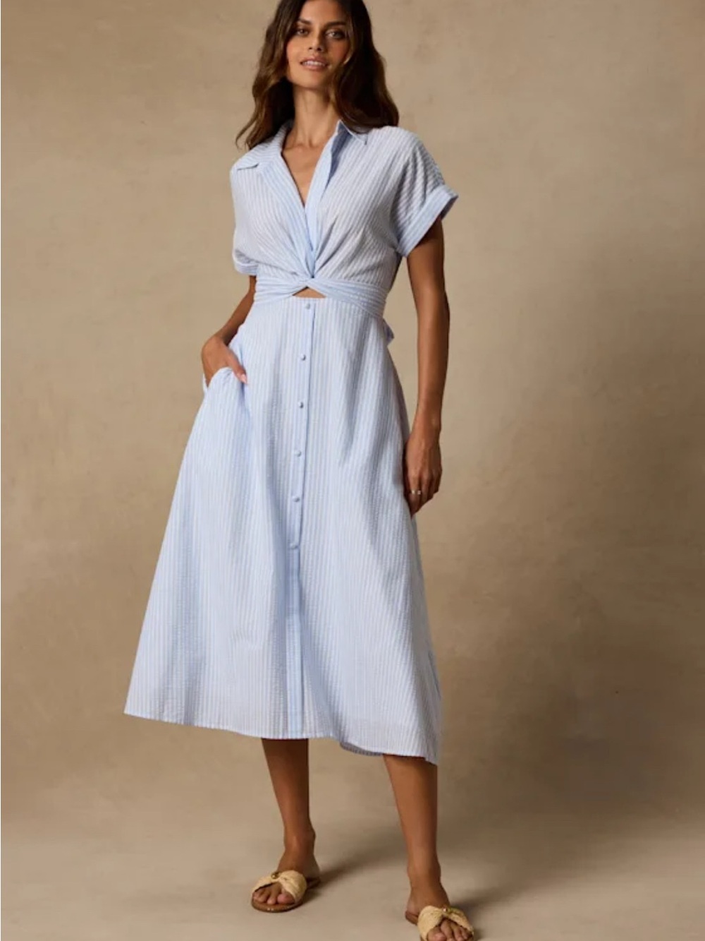 Lulu's Pale Blue Striped Twist-Front Midi Dress